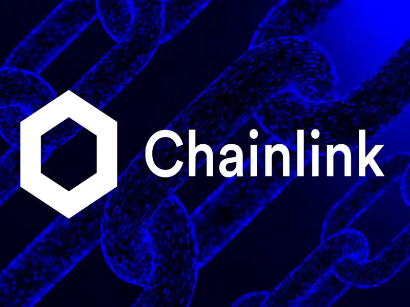 Abstract cryptocurrency network with Chainlink (LINK) logo representing oracle data connections