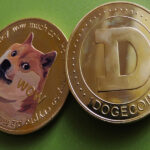 Dogecoin logo with a 2026 price projection chart and meme-style crypto graphics