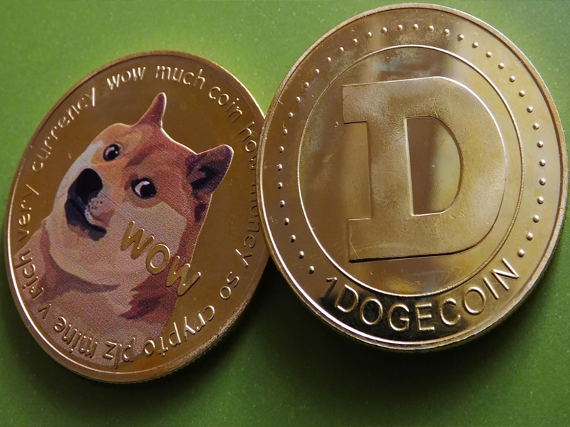Dogecoin logo with a 2026 price projection chart and meme-style crypto graphics